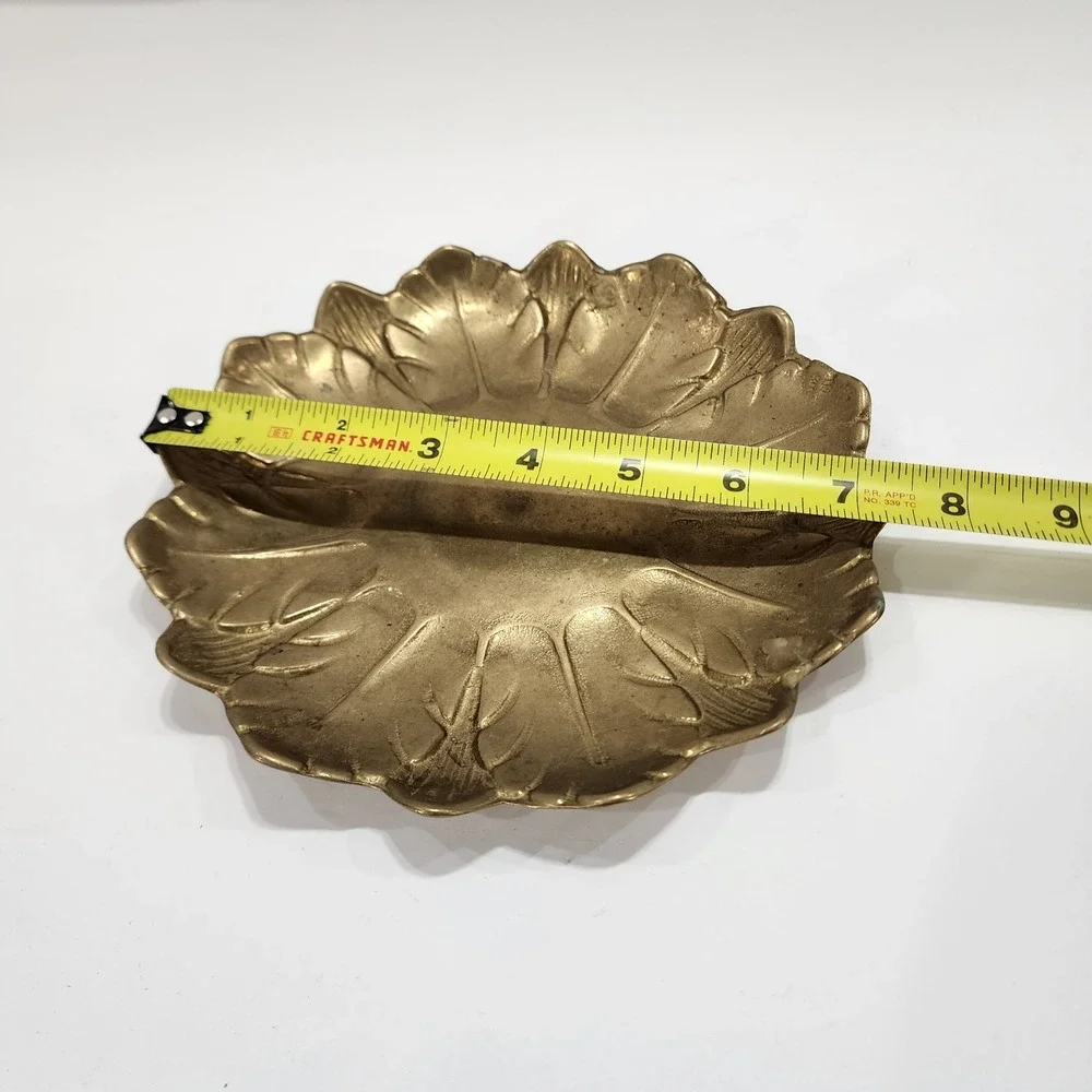 Vintage Brass Lotus Leaf Trinket Dish Scalloped Floral Catchall Tray 8 Inch